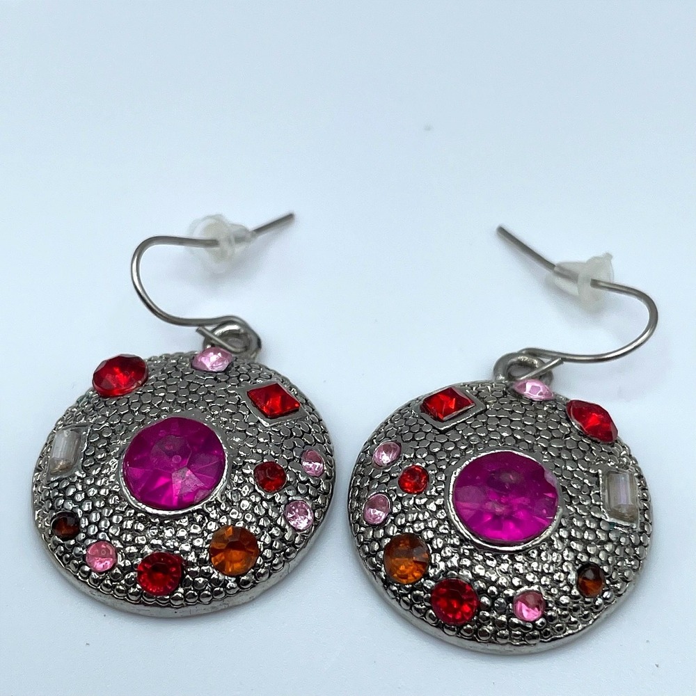 Earrings Silver Tone Pink Red Rhinestone Statement Round Drop Baby Boo Statement